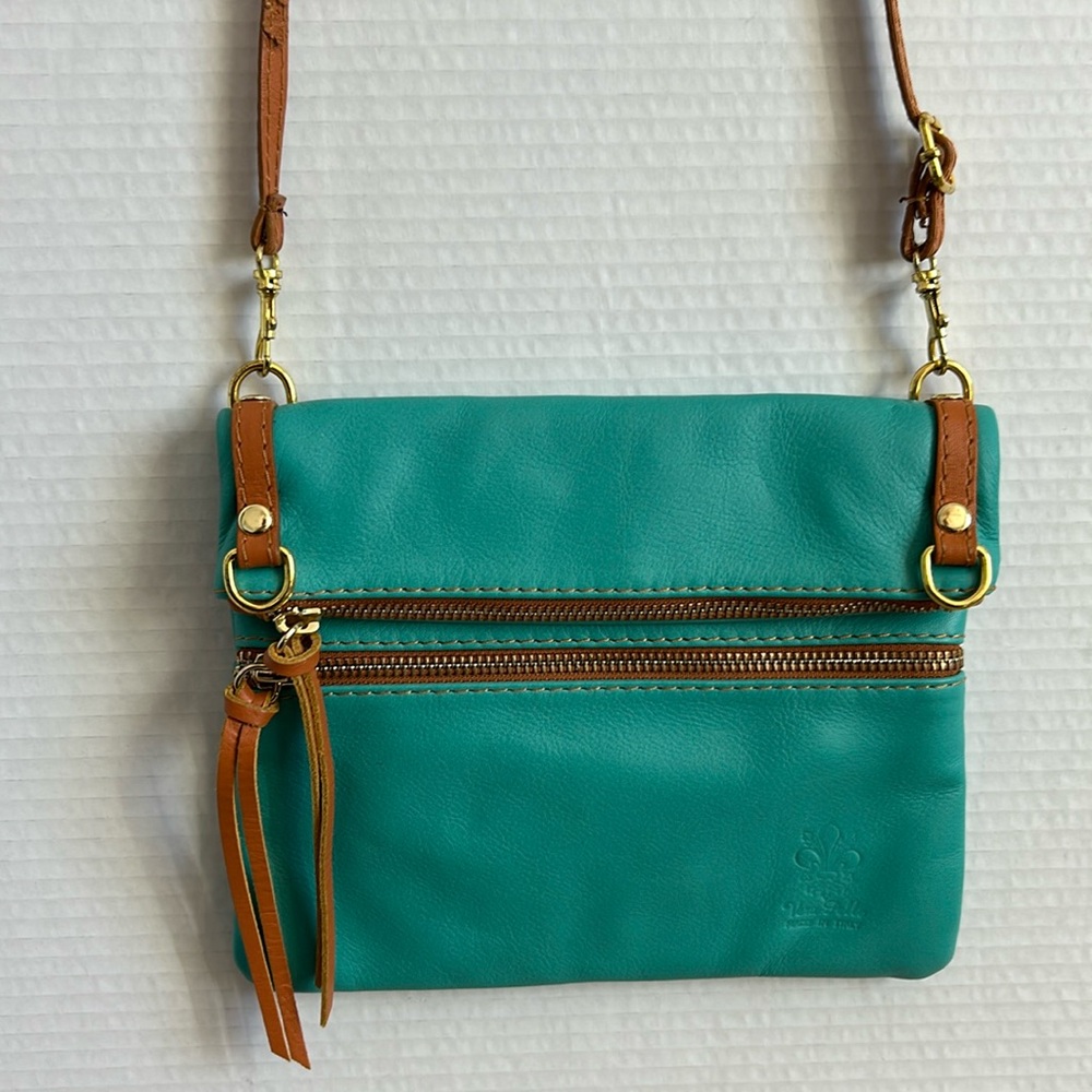 Vera Pelle made in Italy, genuine leather small crossbody, turquoise.